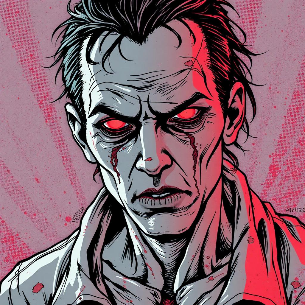 Portrait of a conscious infected with glowing eyes