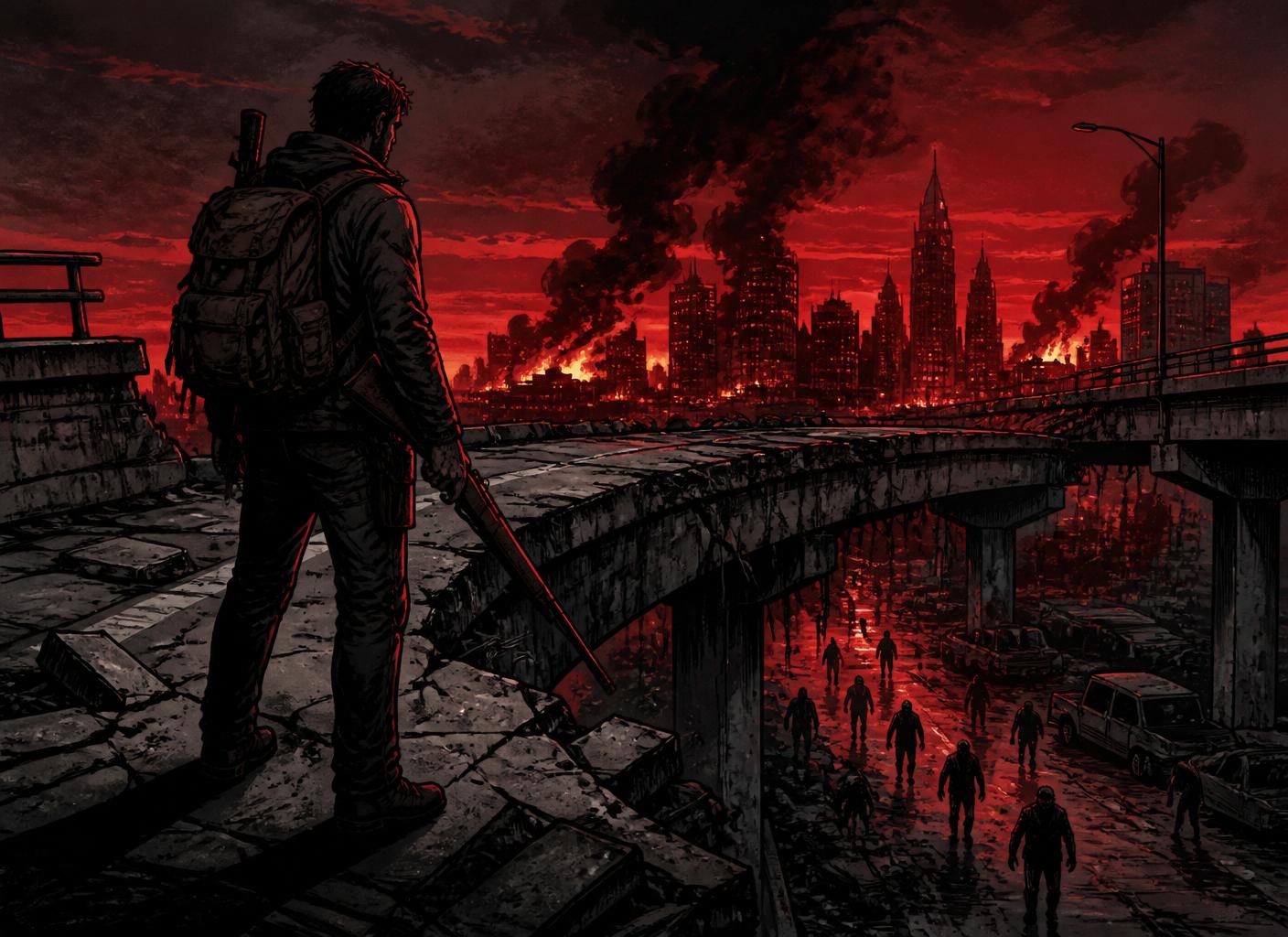 Survivor on a collapsed overpass watching a burning city