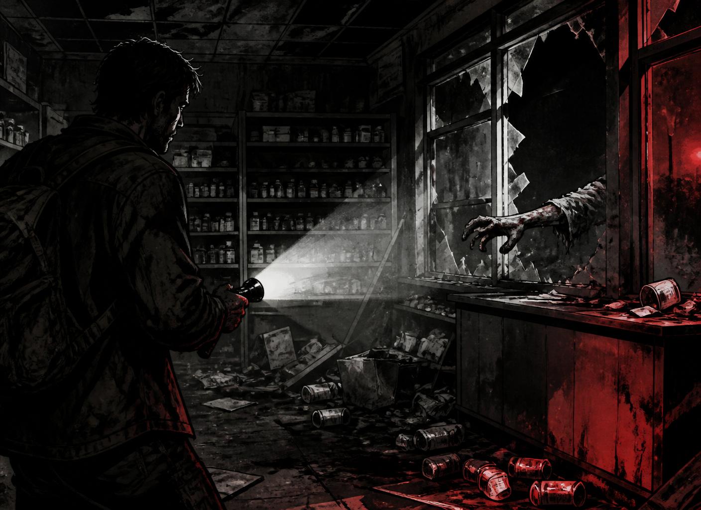Survivor scavenging an abandoned pharmacy at night
