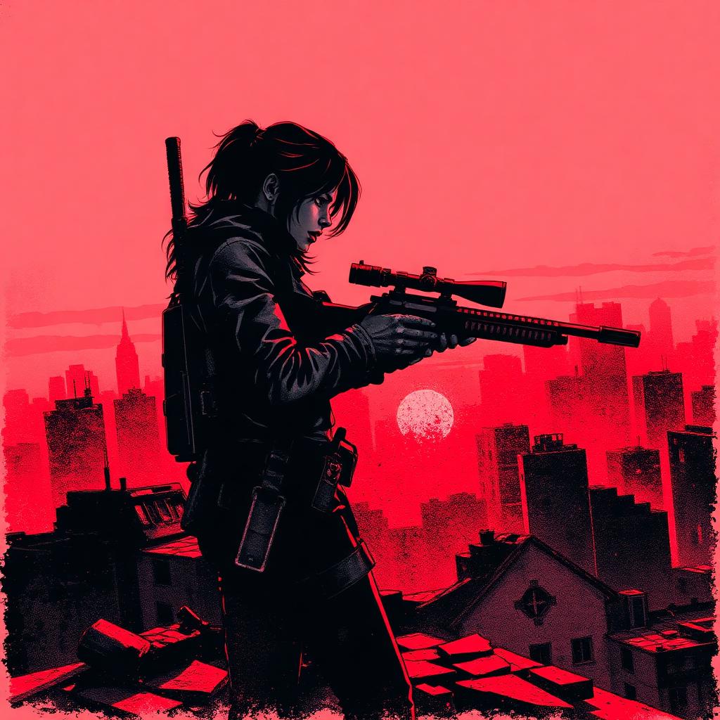 Portrait of a sniper survivor overlooking a red-drenched city skyline