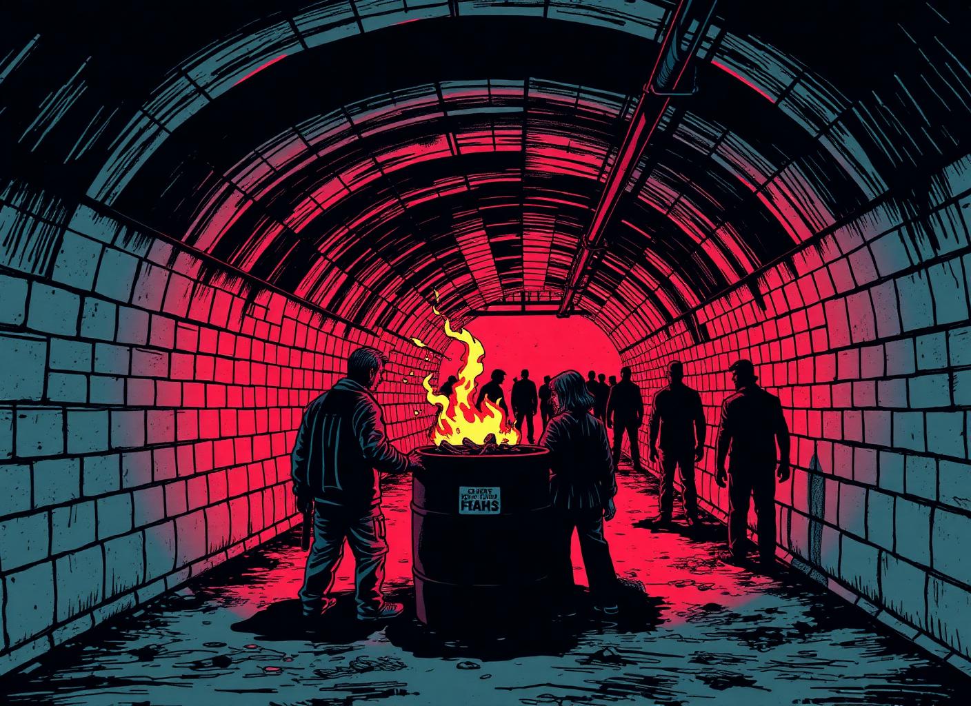 Survivors around a burning barrel in a dark subway station