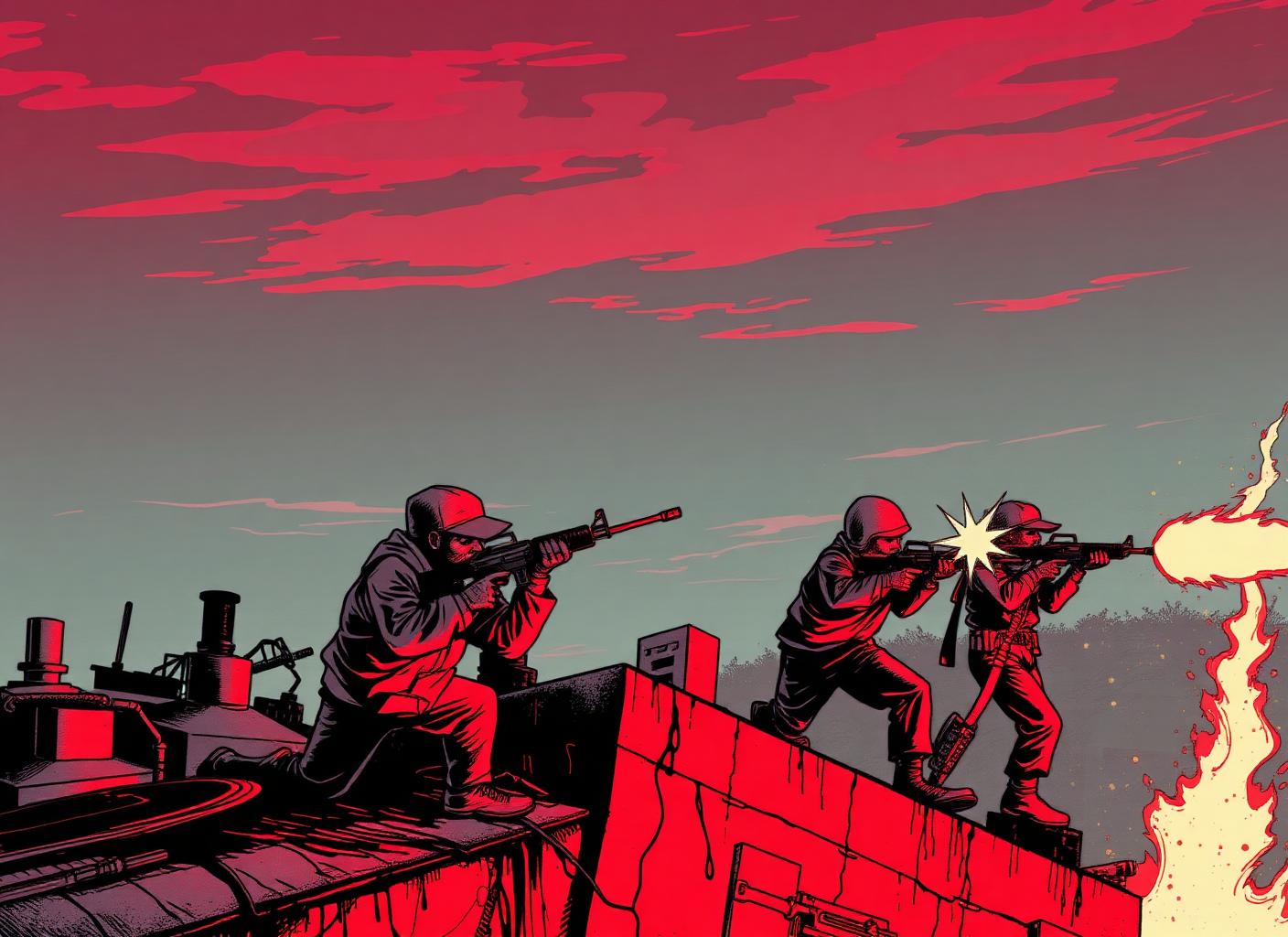 Survivors defending a rooftop camp at dusk