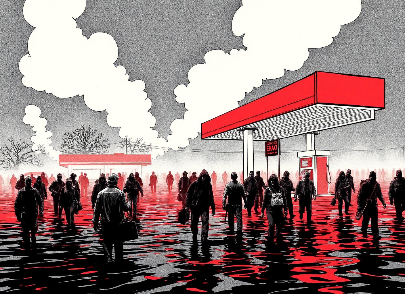 Survivors wading through a flooded gas station overrun by walkers