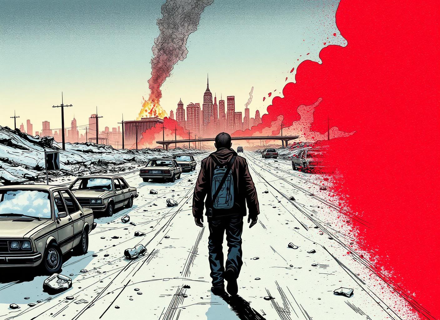 Survivor walking a snow-covered highway toward a burning city