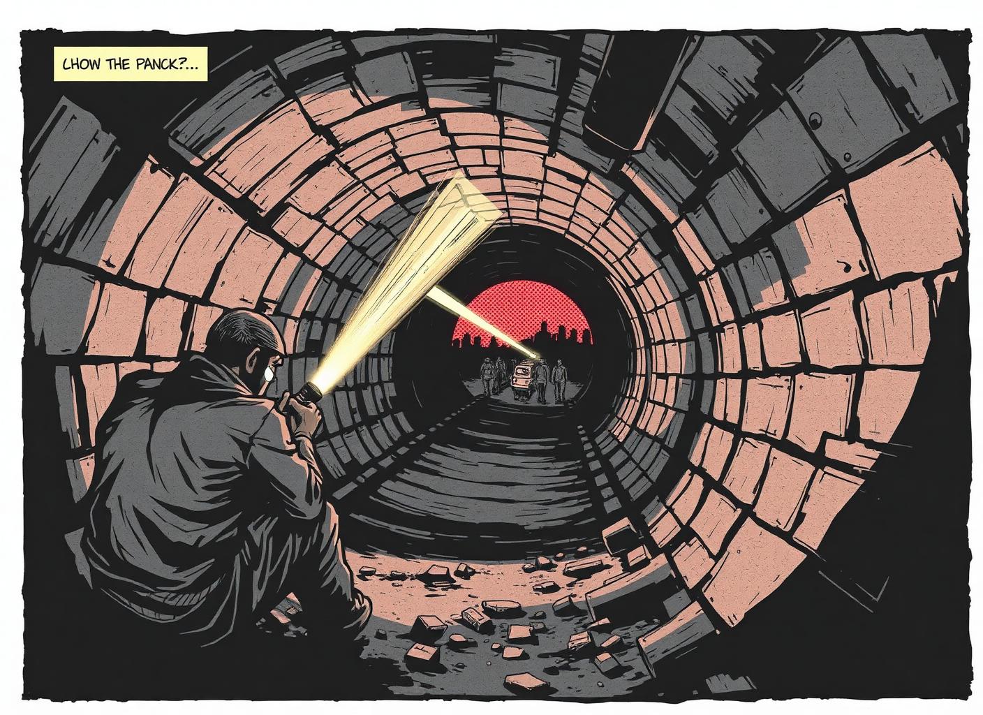 Survivor with a flashlight facing walkers in a subway tunnel