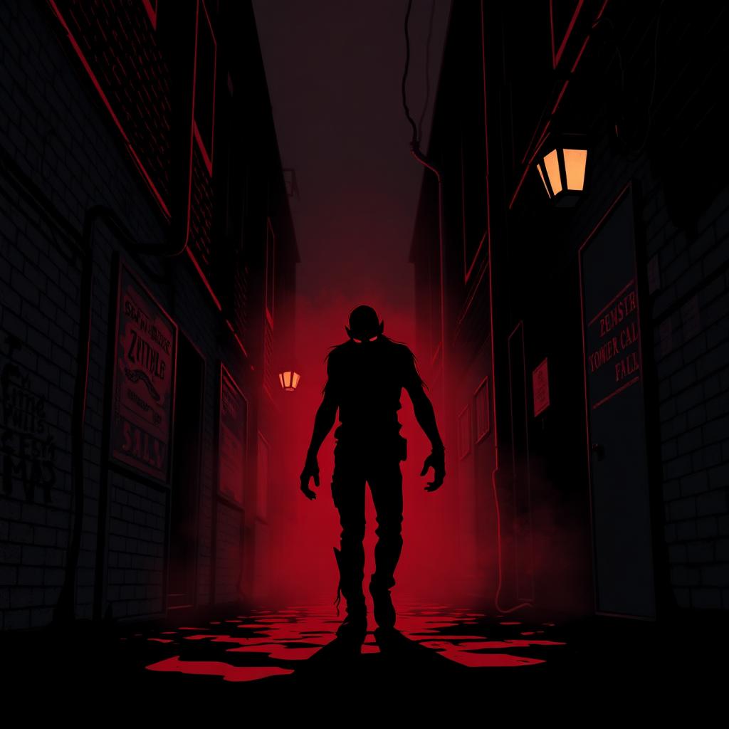 Silhouette of a walker in a foggy red-lit alley